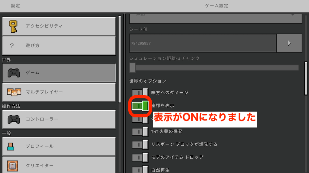 統合版マインクラフト（Nintendo Switch）で座標を表示する方法